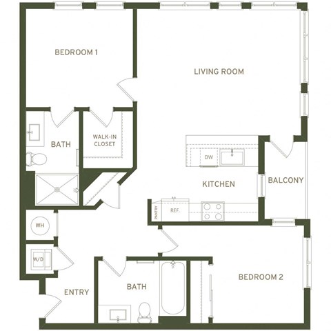 Floor plan for 2 beds, 2 baths, 1059 sqft